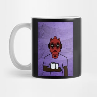 Pixelated Male Character with Green Eyes and Dark Skin Holding Toilet Paper on Waves Background Mug